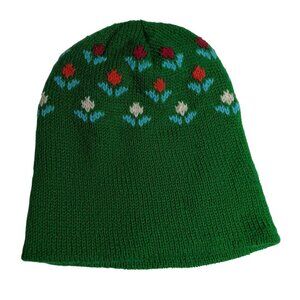 Vintage 1980's Boys Girls Medium Knitted Green Beanie Cap Floral Pattern